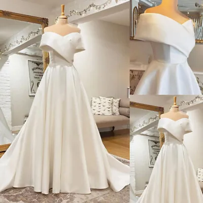 Elegant Off The Shoulder Wedding Dresses A Line Satin Lace Up Back Bridal Gowns • $123.88