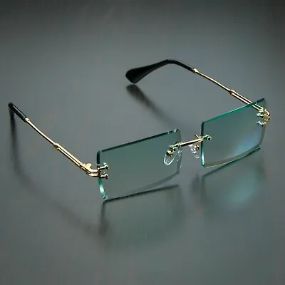 Vintage Green Tint Gold Frame Rimless Shades Retro Rectangular Mens Sunglasses • $10.99