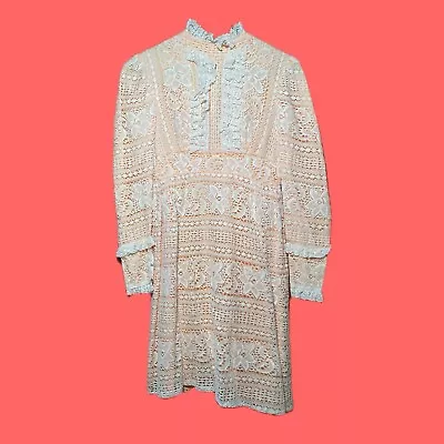 RARE Vintage 60s 70s Lace Mod Mini Wedding Prairie Dress Zip Up High Neck Bow S • $78