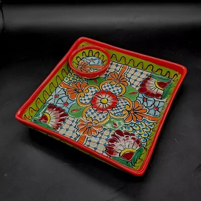 2pc Talavera Mexican Folk Art Hand Painted Serving Dish Veggies Chip Dip 10½  • $47