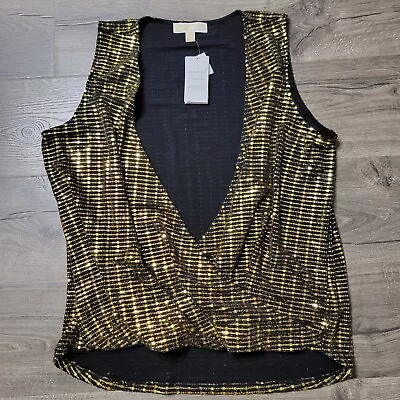 Michael Kors Top Womens XL Black Gold Sequin Faux Wrap Sleeveless Cocktail New • $39.99