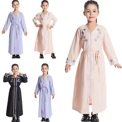 Muslim Girls Zipper Kaftan Abaya Pink Purple Kids Islamic Long Dress Robe Party • £15.99