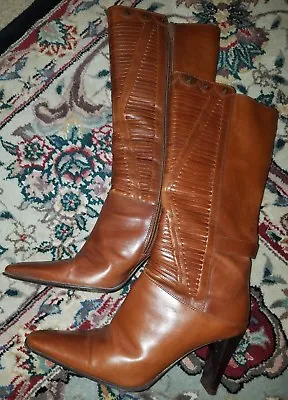  Via Spiga Italy Brown Leather High Boots Woven Front Pointed Toe Size 5.5M • $49.99