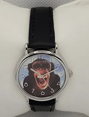Ladies Pet Pals Monkey Face Dail Silver Tone Black Faux Leather Band Watch K1 • $12.99