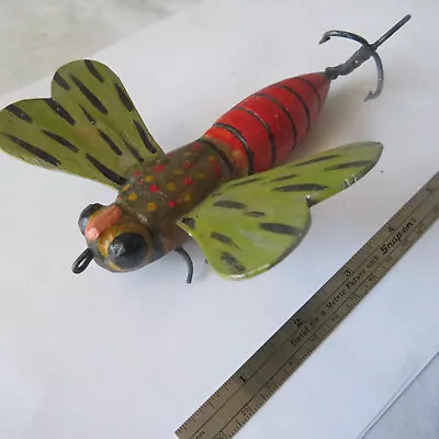 Fishing Lure Folk Art 51/8  Vintage Wood Hand Carved Dragon Fly  Green & Red • $19.95