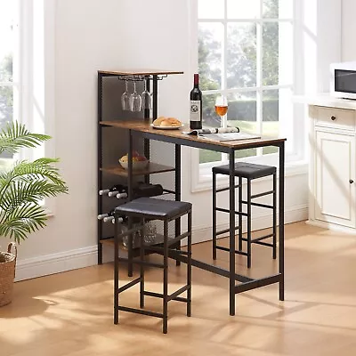 3 Piece Bar Table Set W/ Wine Rack Counter Height Storage Table PU Leather Seat • $119.99