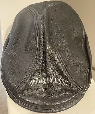 Harley Davidson Vintage Embroidered Black Soft Leather Cabbie Hat Size Large • $39.99