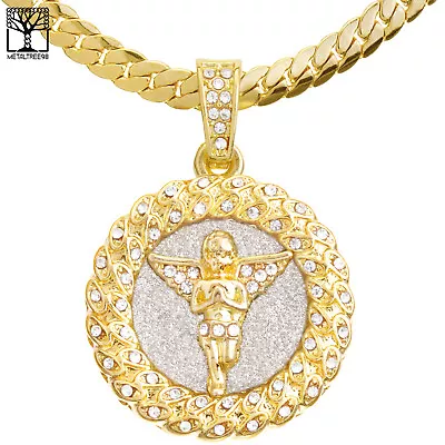 Men's CZ Angel Medallion Pendant 20  / 24  Miami Cuban Chain Necklace MCP 121 G • $12.99