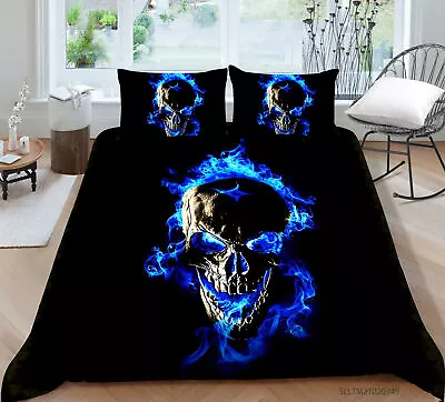 £32.39 • Buy Blue Fire Skull Print Comforter Cover, Home Decor, Skull Quilt Cover Set