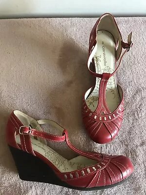 Caravelle Red Leather Small Wedge Heel T Bar Shoes 3 Hardly Worn Ex/Condition! • £16