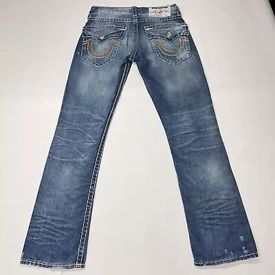 True Religion Jeans Mens 30 Straight Super T Blue Denim Flap Pocket Thick Stitch • $124