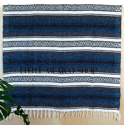 MEXICAN Blanket NAVY BLUE Hot Rod Southwestern Yoga Mat Throw Authentic Soft • $17.99