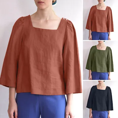 ZANZEA UK Women 3/4 Sleeve Square Neck Tops Solid Cotton Shirt Tee Casual Blouse • $30.26
