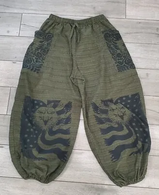 Green Elastic Waist & Ankle Hippie Boho Baggy Wide Leg Harem Pants Pockets SM • $25