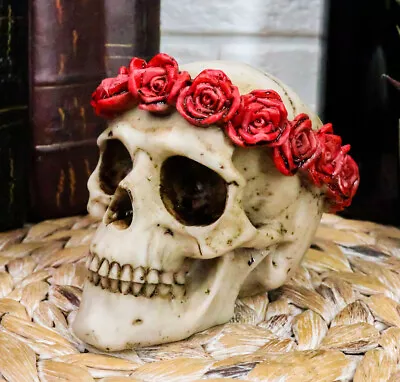 Ebros Day Of The Dead Red Rose Laurel Flower Wreath Sugar Skull Figurine 4.5 L • $16.99