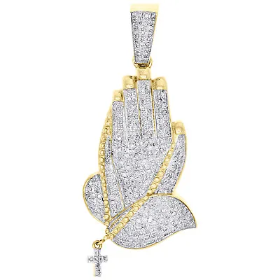 $975 • Buy 10K Yellow Gold Diamond Praying Hands Rosary Cross Pendant 1.70  Charm 7/8 CT.