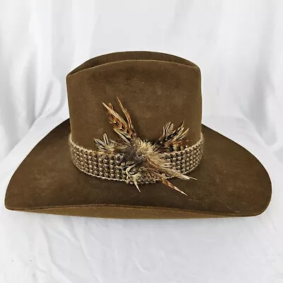 Vintage Stetson Brown Cowboy Western Feather Banded Hat 7 1/8 Felt Leather  • $109.99