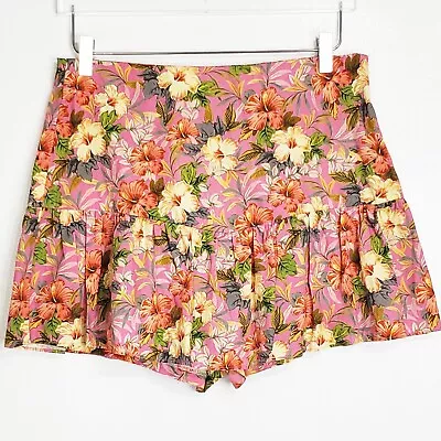 Zara Size L High Waist Floral Print Ruffle Tiered Skort Pink Multi Bohemian • $20.97