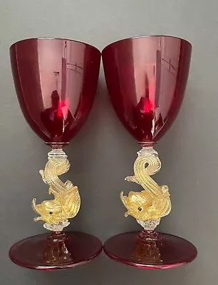 Salviati Murano Venetian Ruby Red Wine Glass Set Of 2 Gold Leaf Dolphin • $225