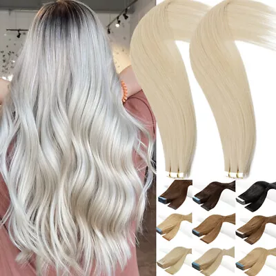 £53.98 • Buy Russian Tape Stick In Skin Weft Remy Human Hair Extensions Full Head Thick White