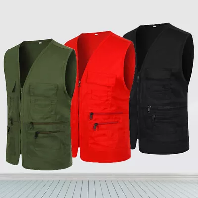 Men Sleeveless Multi-Pocket WaistcoatSafari Gilet Jacket Hiking Fishing Vest UK • £11.99