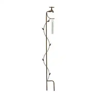 Rain Gauge - Tap Design Garden Stake - Distressed Brown Metal W Glass Gauge • £17.99