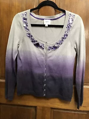 ECI NEW YORK Purple Ombré Rhinestones Beads Button Cardigan Sweater Jacket Sz S • $12.99