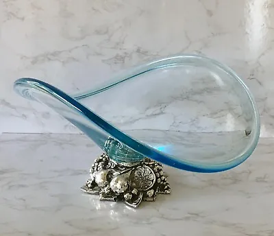 Handcrafted Vintage Murano Style Sheer Blue Art Glass Bowl W/Silver Fruit Base • $22.99