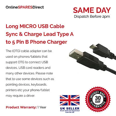 0.5m/1m/2m/3m/5m Long MICRO USB Cable Sync & Charge Lead Type A To 5 Pin B Ph... • £3.99