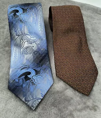 Van Heusen Mens Silk Necktie Lot Of 2  Geo Print 59  Blue Tie 62  Brown Tie • $12.99