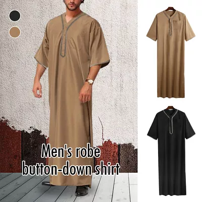 Men Muslim Kaftan Long Sleeve Thobe Saudi Arab Robe Islamic Abaya Dress Costume • $25.29