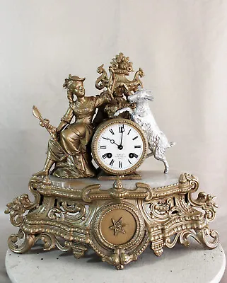 ANTIQUE 1860 FRENCH CLOCK STATUE ROMANTIC With Alabaster Base Japy Freres Movem. • $425