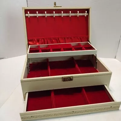 Vintage Mele Jewelry Box Cream & Gold W/ Red Velvet Lining Dividers 3 Teirs READ • $20