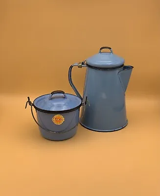 Cinsa VINTAGE Mexican Blue Enamelware Pitcher And Lidded Bowl • $49.99
