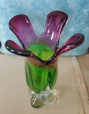 Mid Century Italian Venetian Murano Art Glass Vase Green Cranberry Red • $32