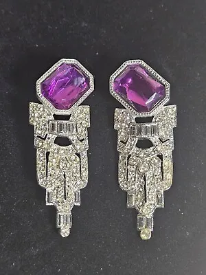VINTAGE Large Purple W/ Rhinestones PARK LANE Art Deco Pierced Earrings • $9.90