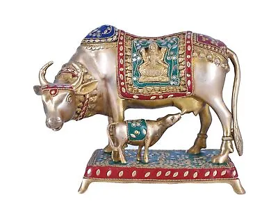 Whitewhale Brass Kamdhenu Cow With Calf Statue Stonework Holy Cow Idol. • £174.34