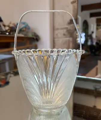 Vintage Clear/Frosted Glass Ice Bucket Metal Swing Handle 5.5  Tall 6  Diameter • $18.36