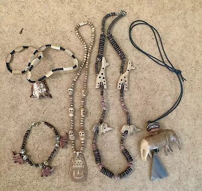 Vintage African Wood & Bead Necklaces & Bracelet Elephants + Giraffes Lot Of 5 • $10