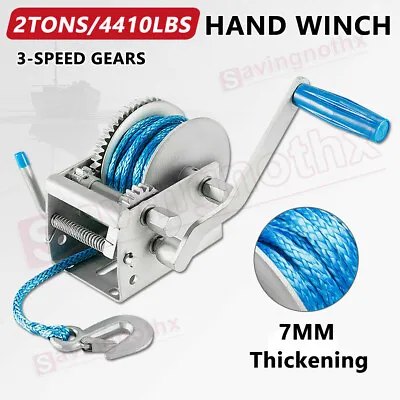 3 Speed Hand Winch 4x4 2000KG/4410LBS Dyneema Rope Manual Car Boat Trailer 4WD • $72.98