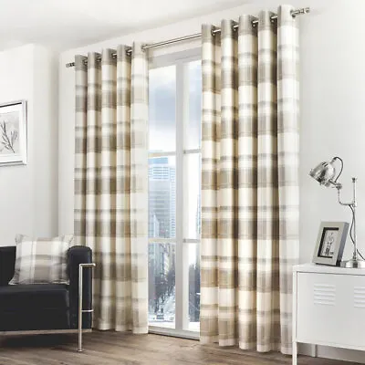 Natural Balmoral Check Traditional Country Tartan Lined Eyelet Ring Top Curtains • £23.99