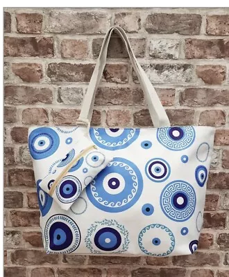 £9 • Buy Large Zipped Beach Bag Blue And White With Purse.