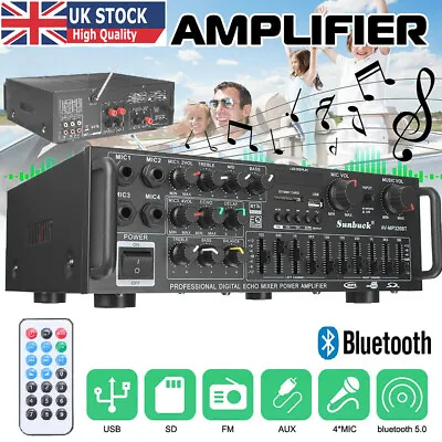 2000W Bluetooth Stereo Amplifier HIFI 2CH Tuner Remote Control USB SD Mic Input • £39.80