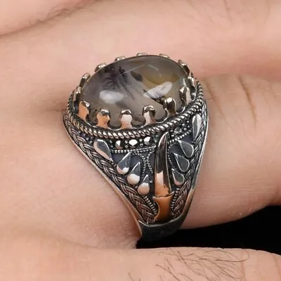 Handmade Genuine Natural Agate Yemen Aqeeq Vintage 925 Sterling Silver Men Ring • $60.12