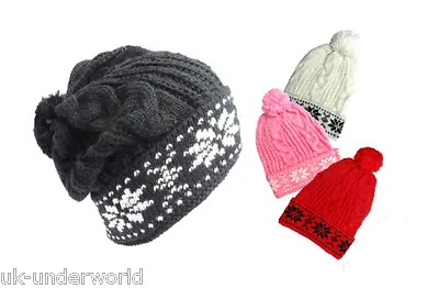 Ladies Beanie Hat Cable Knitted Slouch Fairisle Bobble Pom Pom Ski Adults Cap • £3.99