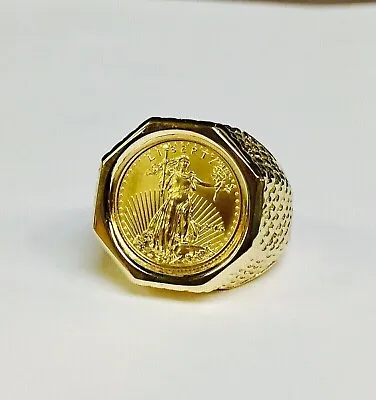 Charm Men's 20 Mm Coin American Eagle Ring With Vintage 14K Yellow Gold Plated • $254.75