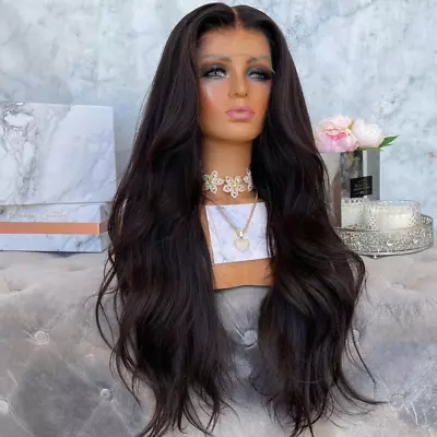 UK 26  Glueless Lace Front Wig Heat Resistant Synthetic Hair Black Body Wavy • £25.99