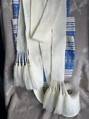 Celtic Woven Wool Belt Ivory Handwoven White Viking Tie Belt Long Tassels Trim • $82.69