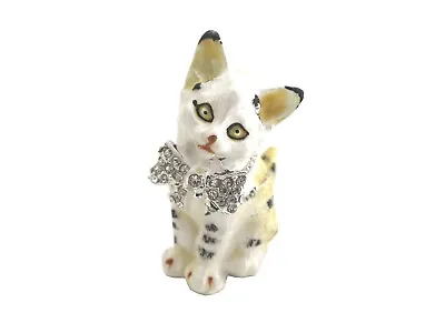 Bejeweled Kitten Cat W Bow Hinged Metal Enameled Trinket Box Money Wealth • $19.99