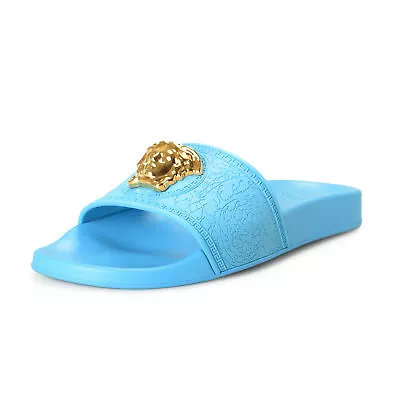 Versace Women's Gold Medusa Head Sky Blue Pool Slide Flip Flops Shoes • $219.99